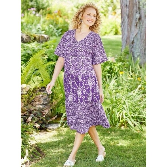 The Vermont Country Store Dress 3X Tiered Short Sleeve Muumuu Purple Midi Pocket - Picture 1 of 12